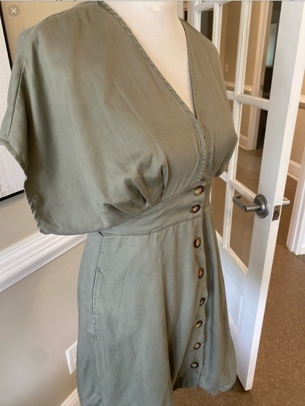 Quince Olive Green V-Neck Button-Front Midi Dress
